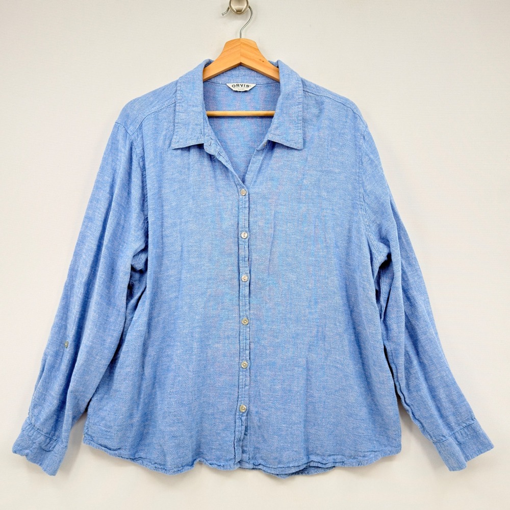 Orvis Button Down Shirt Women XL Blue Linen Blend Roll Tab Coastal Granola Girl